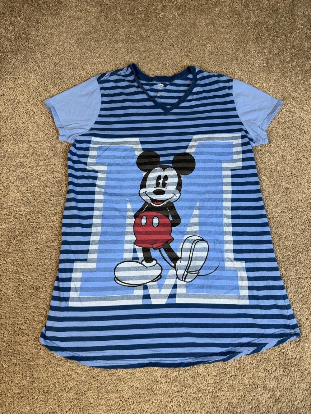 Disney Store Tunic Womens XL Blue Striped V-Neck Mickey Mouse Short Sleeve
